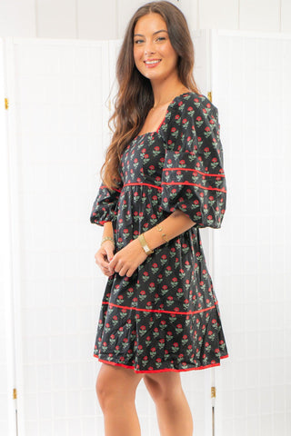 Red Riding Black Rose Print Babydoll Dress-Entro-L. Mae Boutique