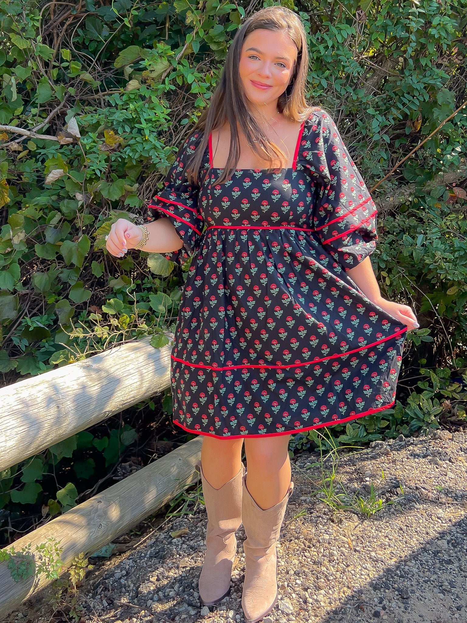 Red Riding Black Rose Print Babydoll Dress-Dresses-Entro-L. Mae Boutique & Wild Mabel Clothing