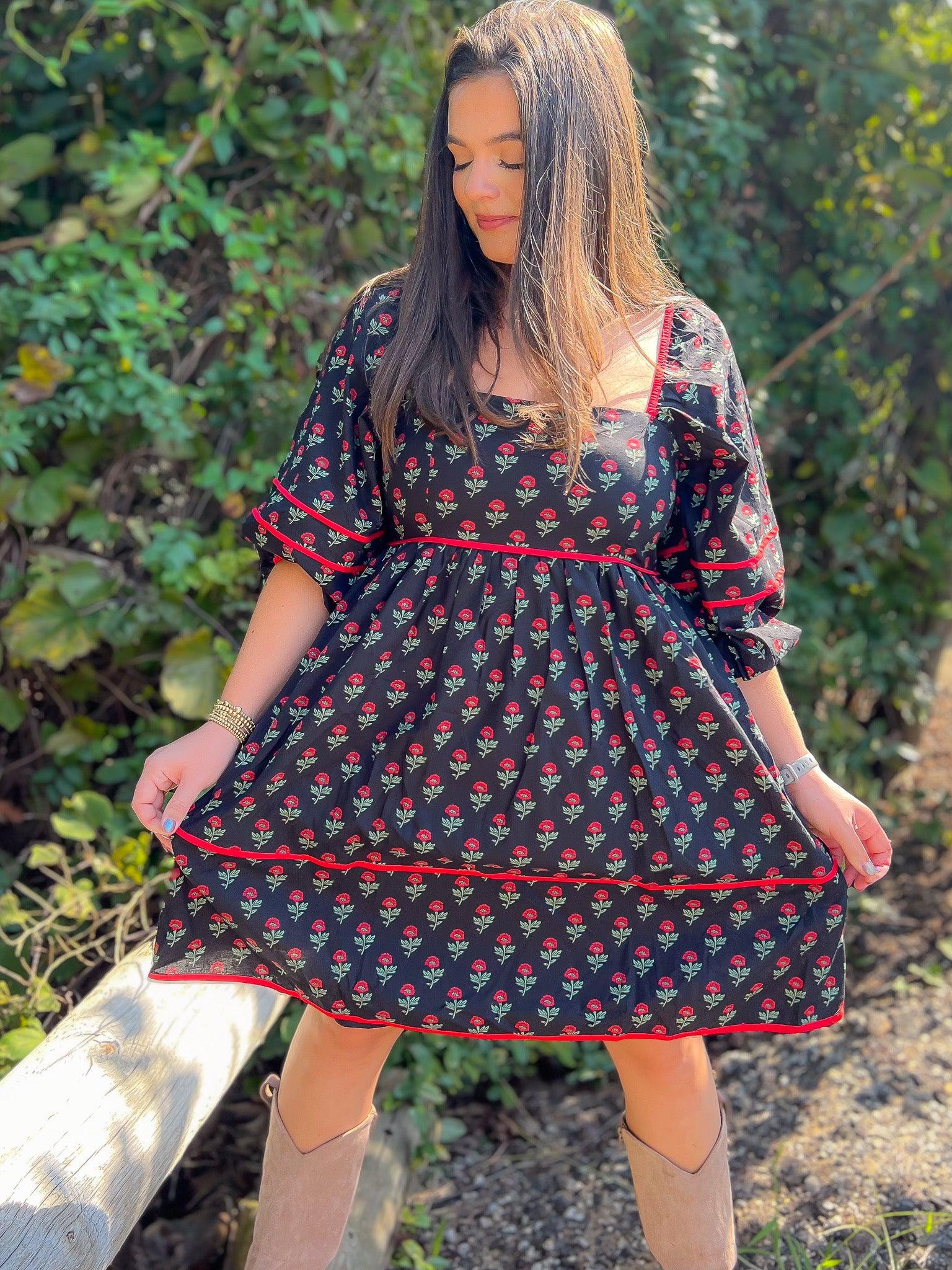 Red Riding Black Rose Print Babydoll Dress-Dresses-Entro-L. Mae Boutique & Wild Mabel Clothing