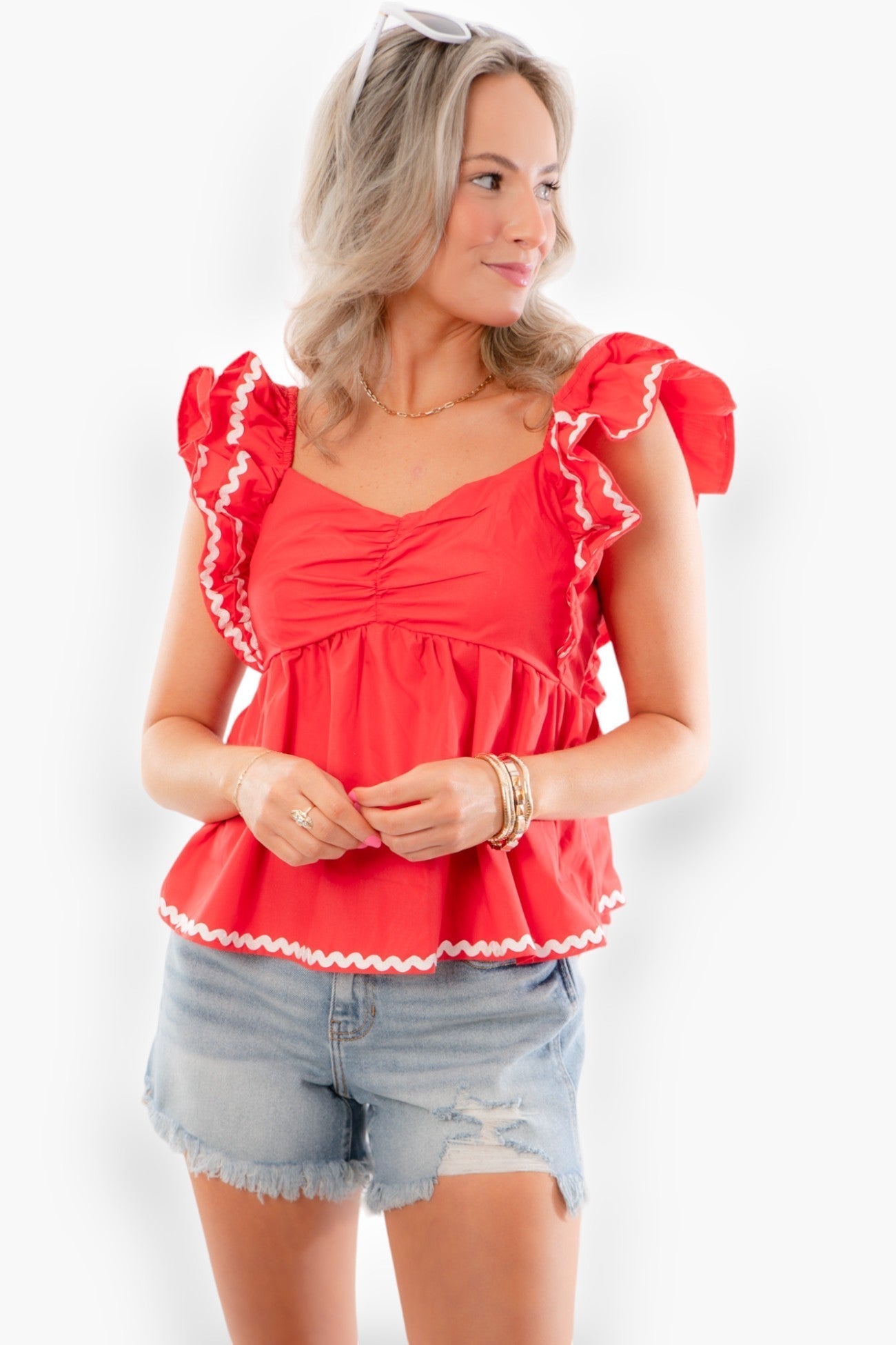 Red Ruffle Ric Rac Trim Baby Doll Top-Tops-MainStrip-L. Mae Boutique & Wild Mabel Clothing