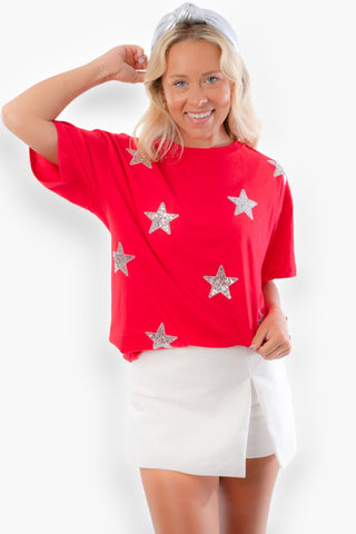 Red Sequin Star Tee-Tops-Vine & Love-L. Mae Boutique & Wild Mabel Clothing