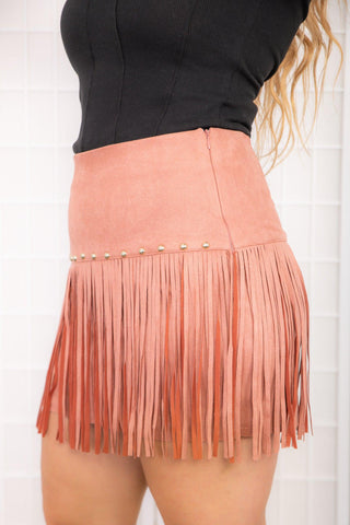 Rhinestone Suede Fringe Skirt-MainStrip-L. Mae Boutique