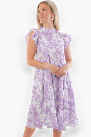 Riley Lavender Abstract Tiered Ruffle Sleeve Dress-Dresses-Pinch-L. Mae Boutique & Wild Mabel Clothing