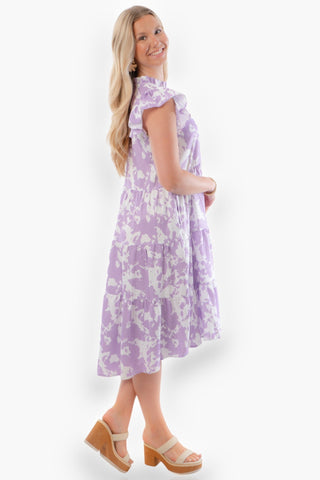 Riley Lavender Abstract Tiered Ruffle Sleeve Dress-Dresses-Pinch-L. Mae Boutique & Wild Mabel Clothing