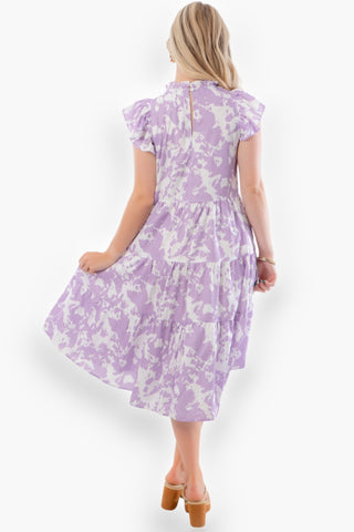 Riley Lavender Abstract Tiered Ruffle Sleeve Dress-Dresses-Pinch-L. Mae Boutique & Wild Mabel Clothing