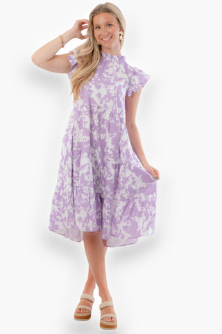 Riley Lavender Abstract Tiered Ruffle Sleeve Dress-Dresses-Pinch-L. Mae Boutique & Wild Mabel Clothing