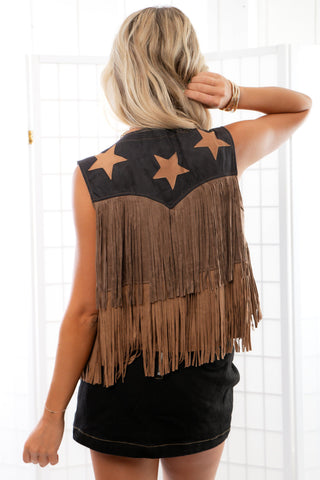 Rodeo Star Black & Brown Suede Fringe Vest-Outerwear-Vocal-L. Mae Boutique & Wild Mabel Clothing