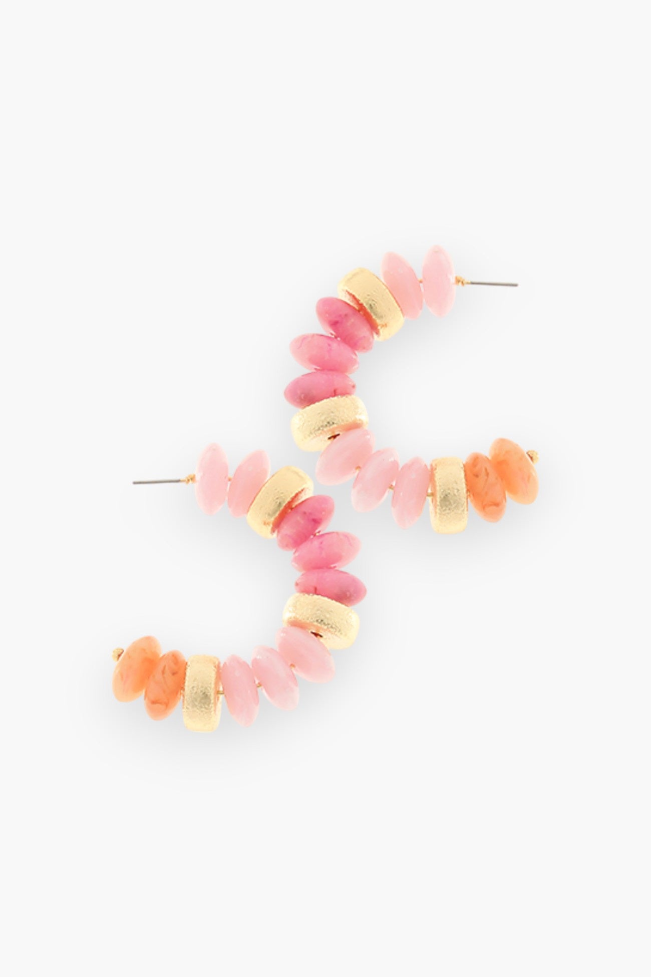 Roxanne Peach and Gold Beaded Earrings featuring a curved design with pink, peach, and gold beads. Perfect for spring and summer fashion.