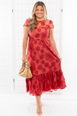 Ruby Red Floral Mesh Open Back Midi Dress-Dresses-Just Me-L. Mae Boutique & Wild Mabel Clothing