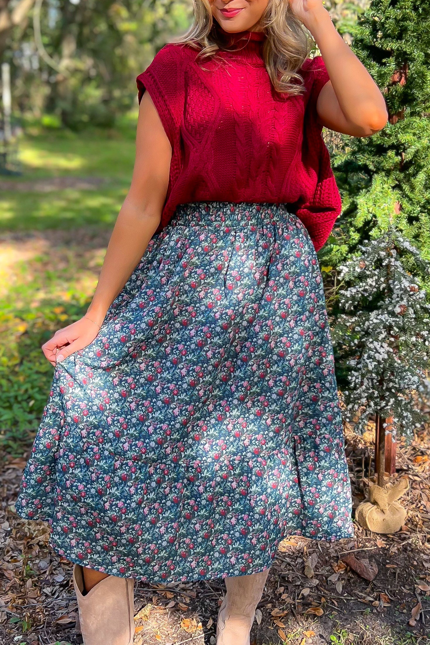 Rustic Paradise Navy Floral Midi Skirt-Bottoms-Polagram-L. Mae Boutique & Wild Mabel Clothing