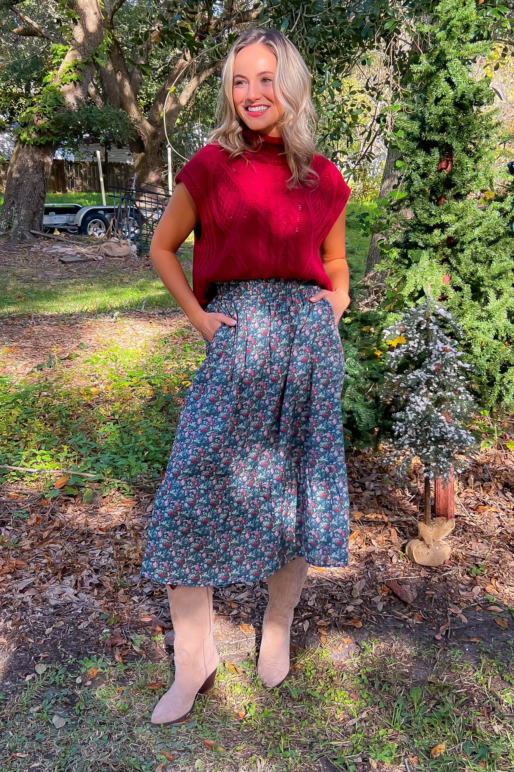 Rustic Paradise Navy Floral Midi Skirt-Bottoms-Polagram-L. Mae Boutique & Wild Mabel Clothing