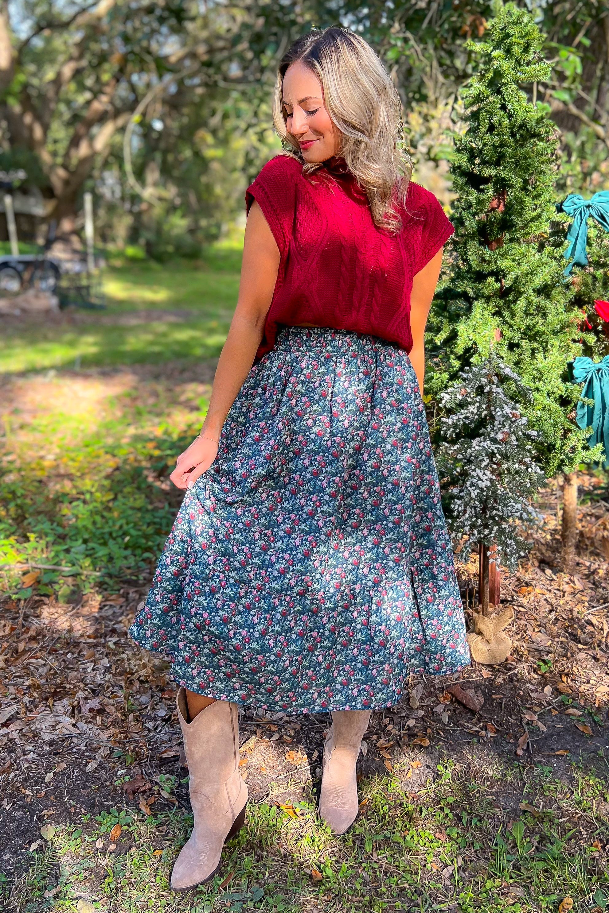 Rustic Paradise Navy Floral Midi Skirt-Bottoms-Polagram-L. Mae Boutique & Wild Mabel Clothing