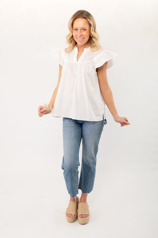 Ruth White Ruffle Sleeve Poplin Top-Tops-ODDI-L. Mae Boutique & Wild Mabel Clothing