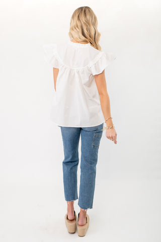 Ruth White Ruffle Sleeve Poplin Top-Tops-ODDI-L. Mae Boutique & Wild Mabel Clothing