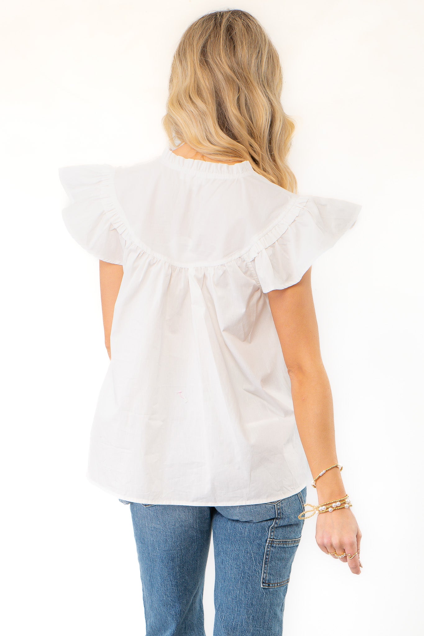 Ruth White Ruffle Sleeve Poplin Top-Tops-ODDI-L. Mae Boutique &amp; Wild Mabel Clothing