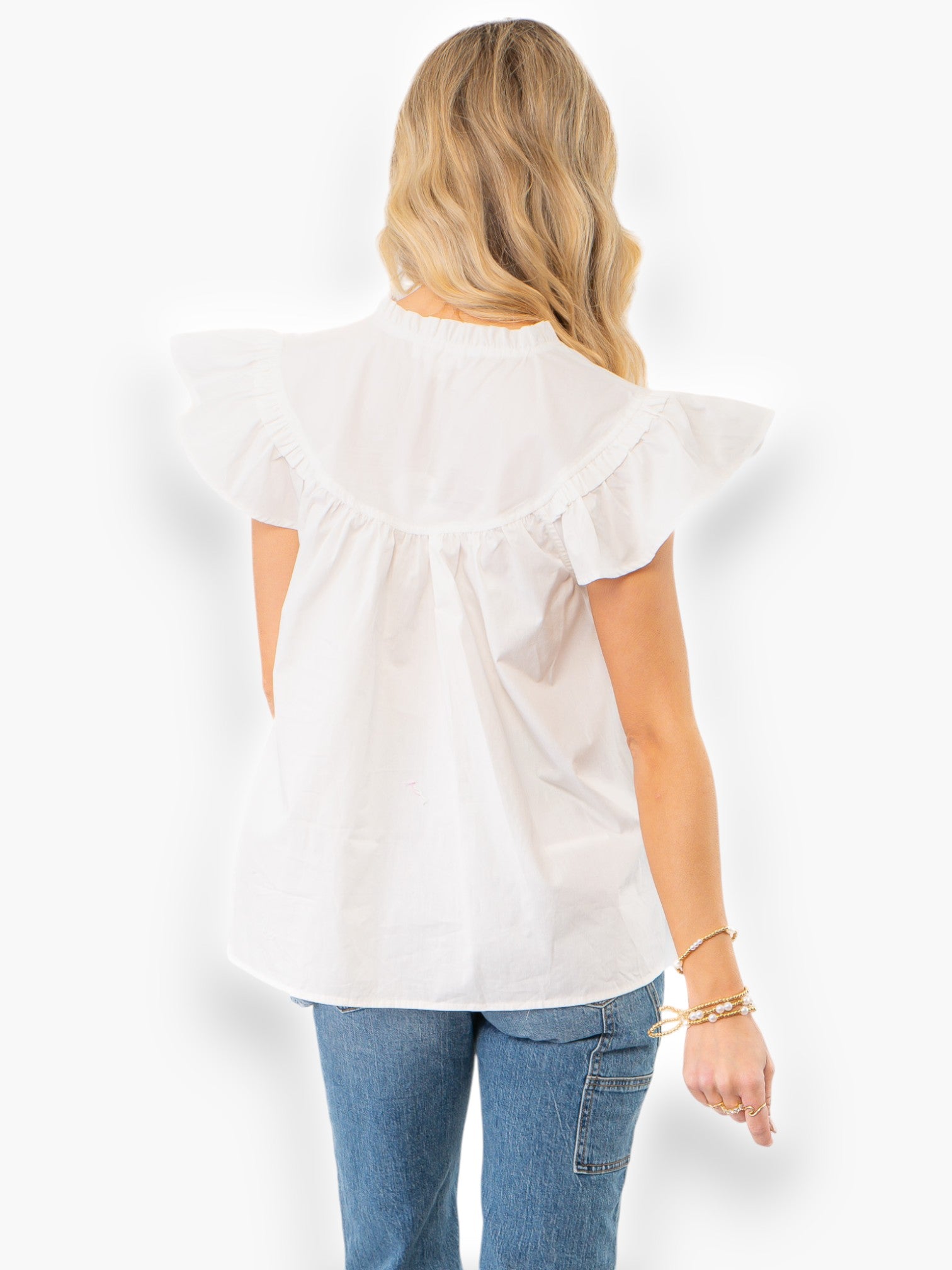 Ruth White Ruffle Sleeve Poplin Top-Tops-ODDI-L. Mae Boutique &amp; Wild Mabel Clothing