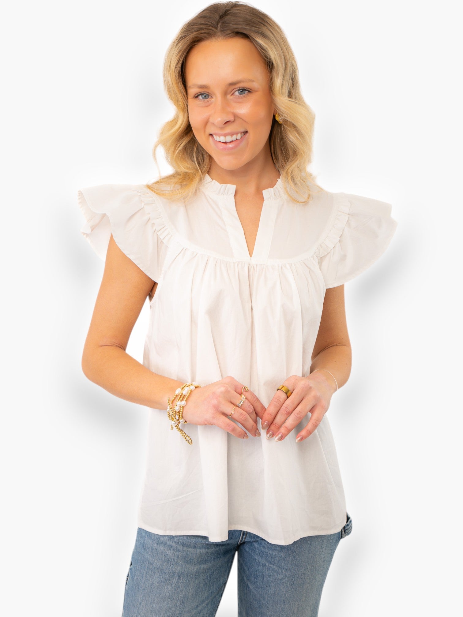 Ruth White Ruffle Sleeve Poplin Top-Tops-ODDI-L. Mae Boutique &amp; Wild Mabel Clothing