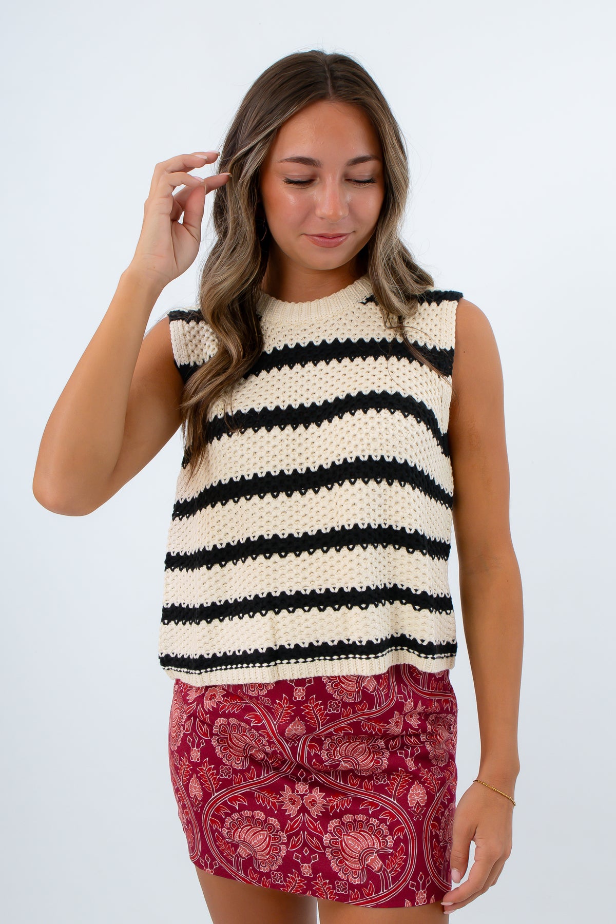 Lightweight black and white striped sweater for year-round wear, black and white striped knit tank, striped knit tank