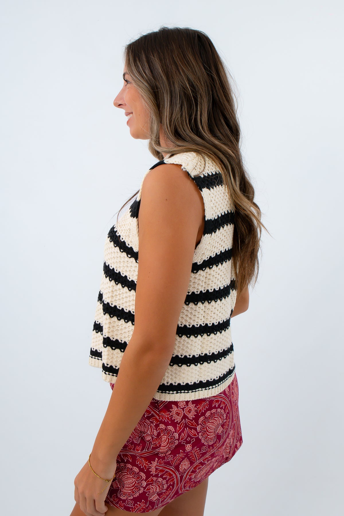 Sleeveless knit top perfect for University of SC game day, neutral game day top for fall, black and white striped sleeveless sweater