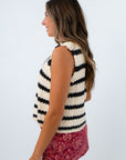 Sleeveless knit top perfect for University of SC game day, neutral game day top for fall, black and white striped sleeveless sweater