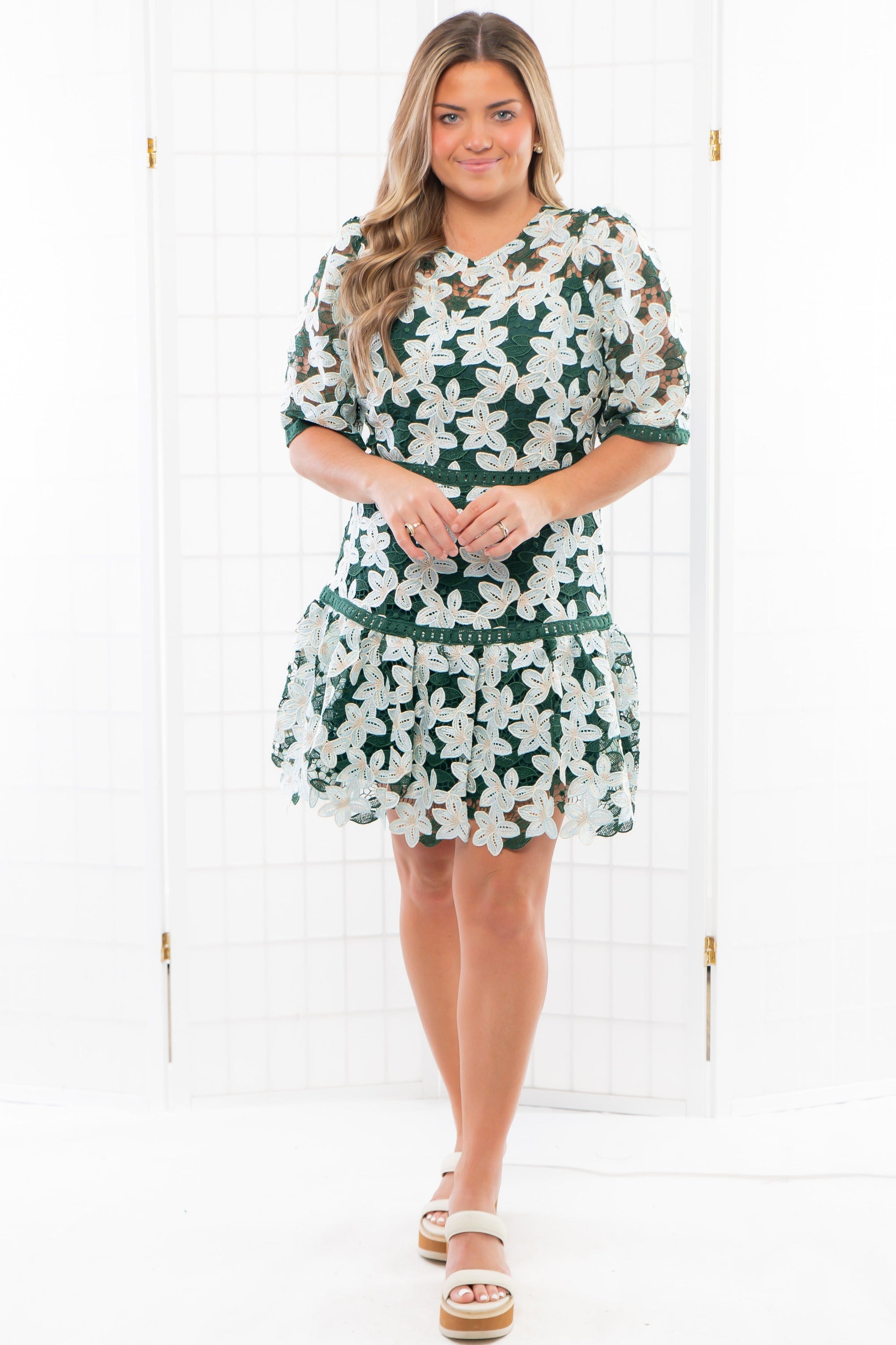 Ryna Green Floral Lace Mini Dress-Dresses-Just Me-L. Mae Boutique & Wild Mabel Clothing