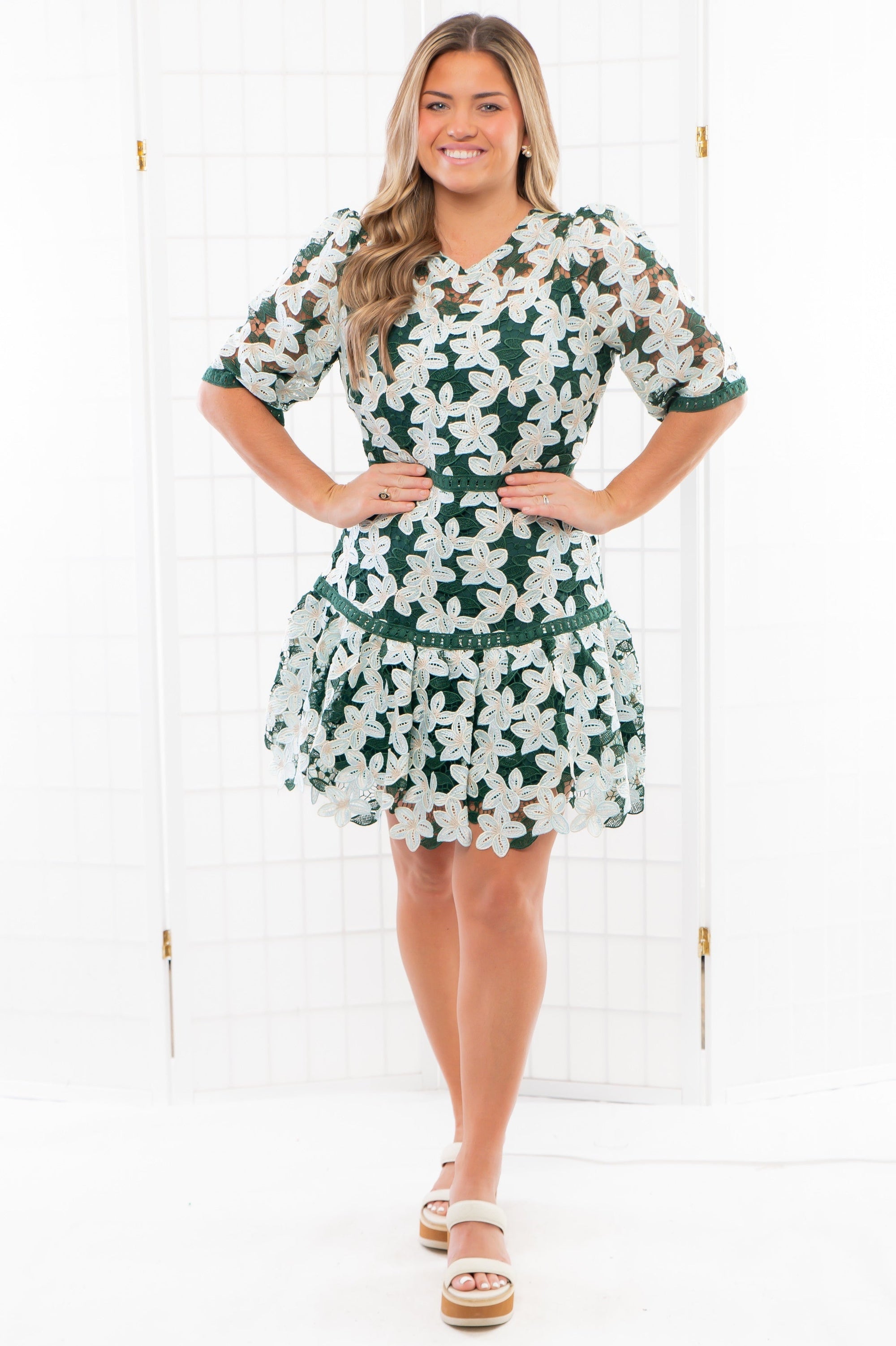 Ryna Green Floral Lace Mini Dress-Dresses-Just Me-L. Mae Boutique & Wild Mabel Clothing