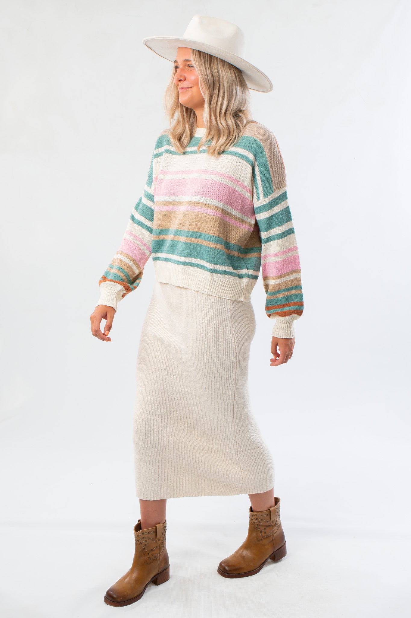 Esther Blue Striped Knit Long Sleeve Sweater