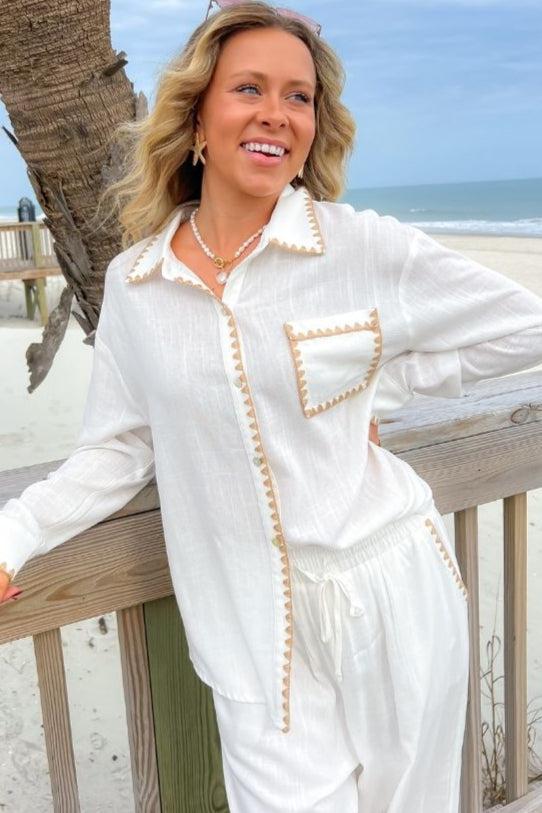 Sandy White & Taupe Embroidered Button Down Top featuring taupe embroidery, a collared neckline, and a front pocket detail. A breezy, boho-chic style perfect for resort wear.