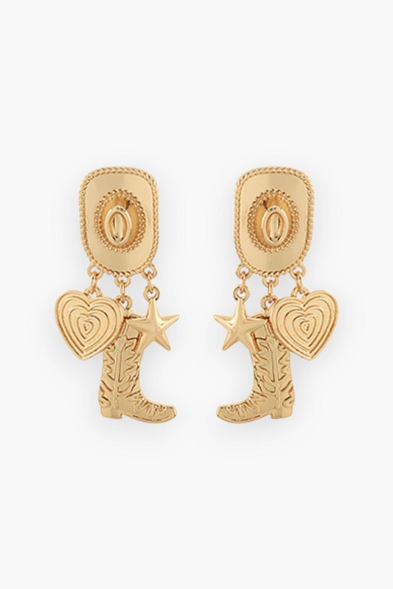 Western Charm Gold Dangle Earrings featuring cowboy hat, boot, star, and heart charms in gold-tone, perfect for rodeo and coastal cowgirl styles.