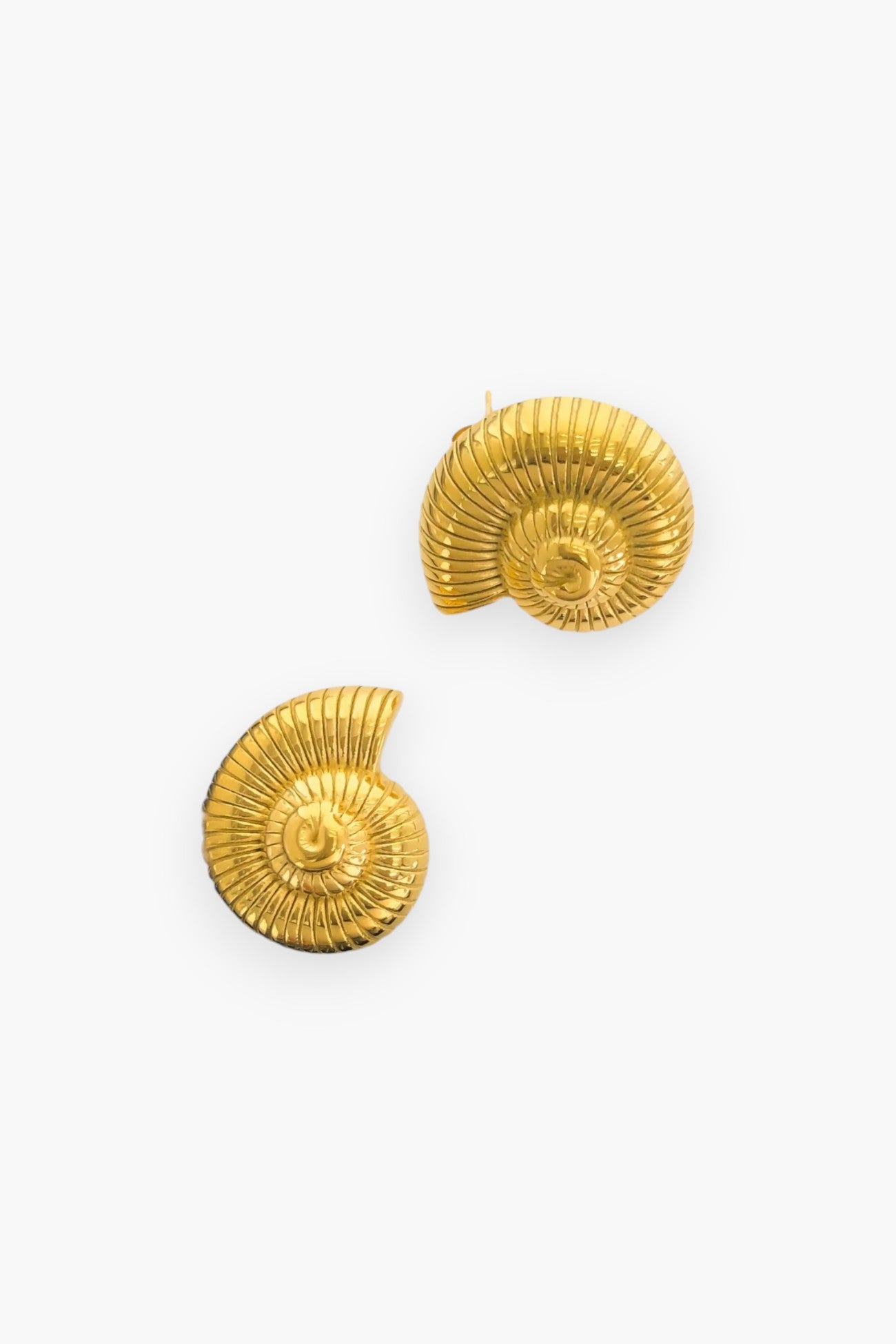 Pair of Seashell Swirl Gold-Plated Earrings featuring a detailed ribbed shell design. Triple-plated in 18K gold and water-resistant for durability.