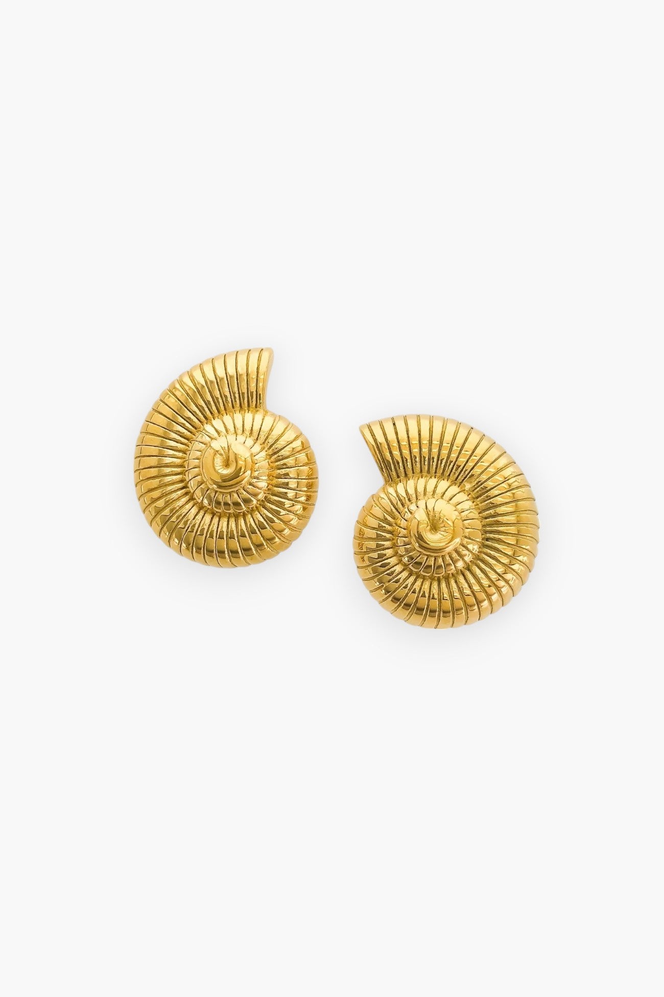 Seashell Swirl Gold-Plated Earrings with a ribbed shell design, triple-plated in 18K gold. Water-resistant and perfect for ocean lovers.