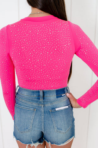 Selena Hot Pink Rhinestone Long Sleeve Bodysuit-Onesies-Full Time Purchase-L. Mae Boutique & Wild Mabel Clothing