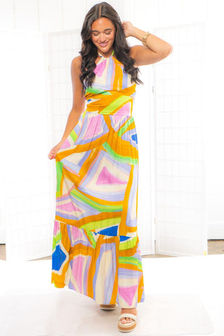 Self Contrast Isolde Geometric Print Maxi Cut Out Dress-Self Contrast-L. Mae Boutique