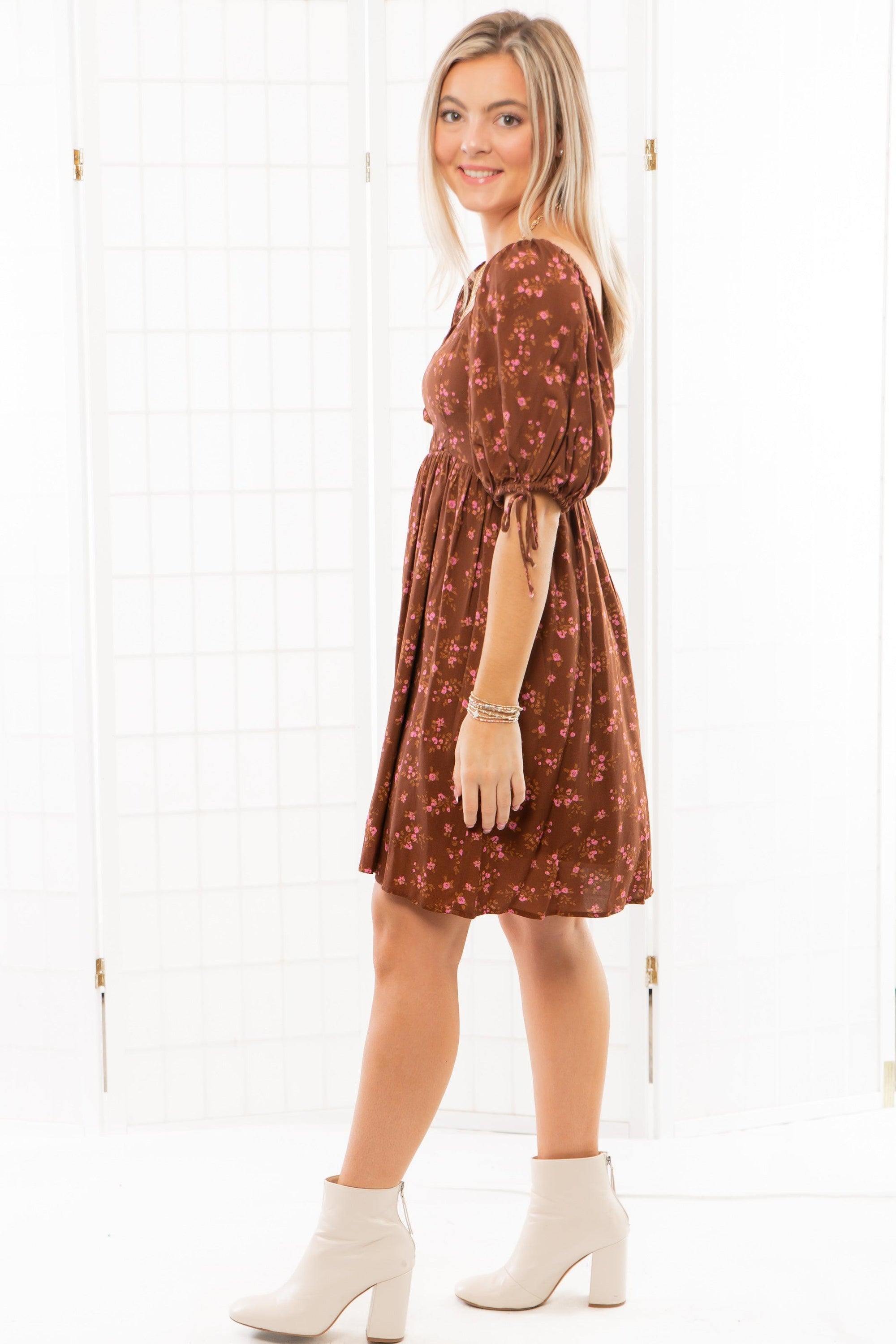 Shiloh Pecan Floral Mini Dress-Dresses-Saltwater Luxe-L. Mae Boutique &amp; Wild Mabel Clothing