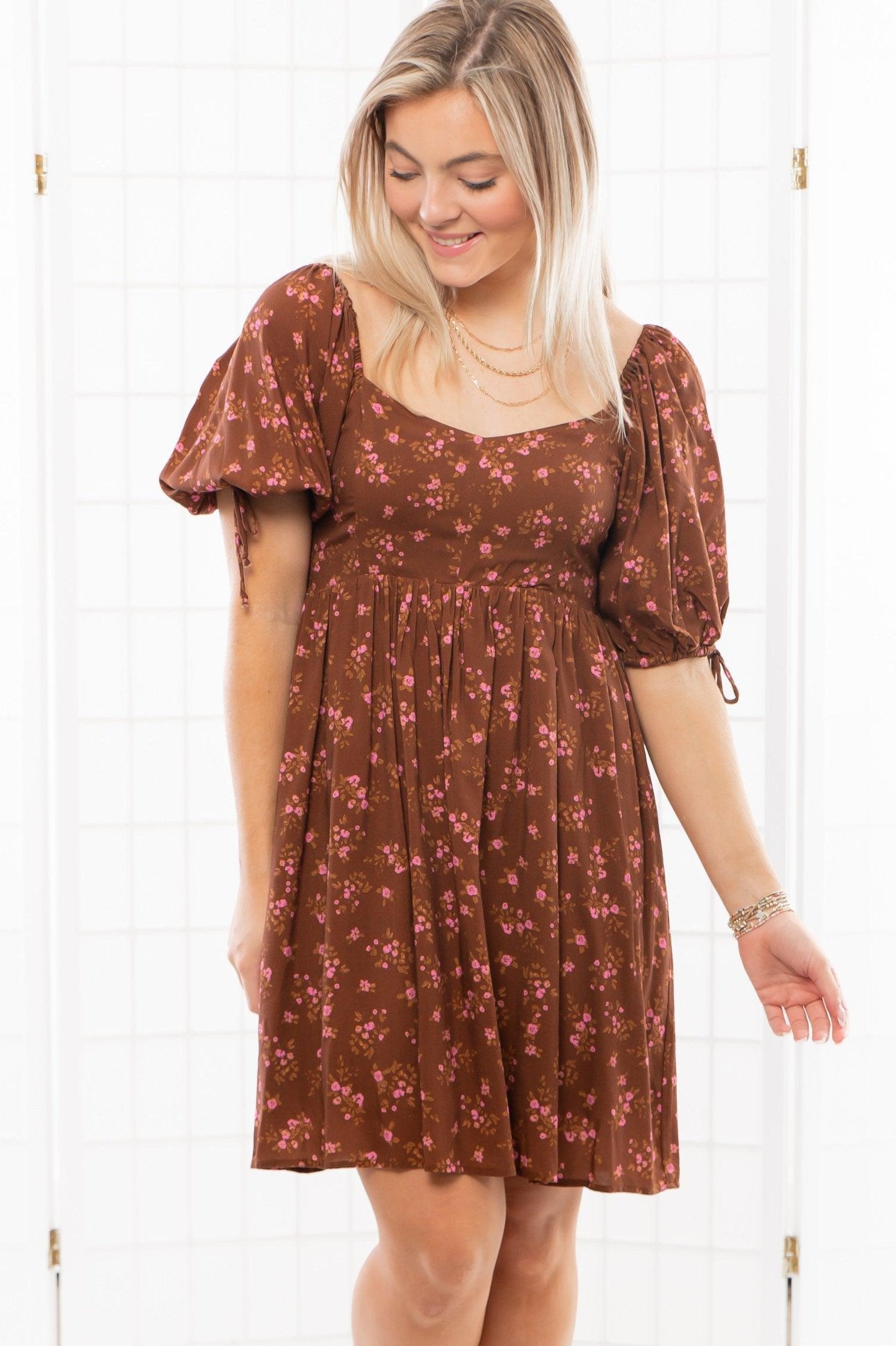 Shiloh Pecan Floral Mini Dress-Dresses-Saltwater Luxe-L. Mae Boutique & Wild Mabel Clothing