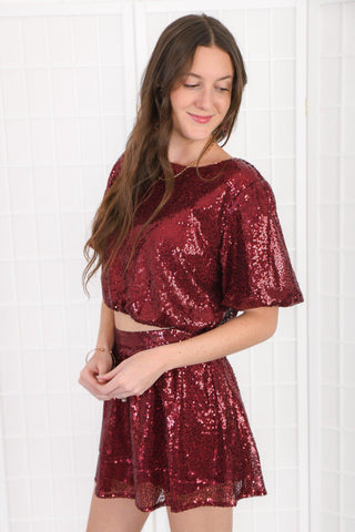 Shining Bright Garnet Sequin Balloon Sleeve Top-Tops-day + moon-L. Mae Boutique & Wild Mabel Clothing