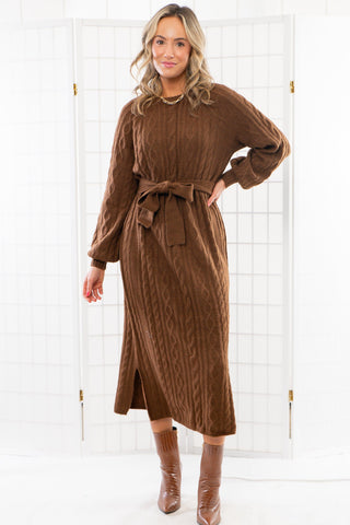 Show Me Your Mumu Chocolate Cable Knit Barb Sweater Dress-Dresses-Show Me Your Mumu-L. Mae Boutique & Wild Mabel Clothing