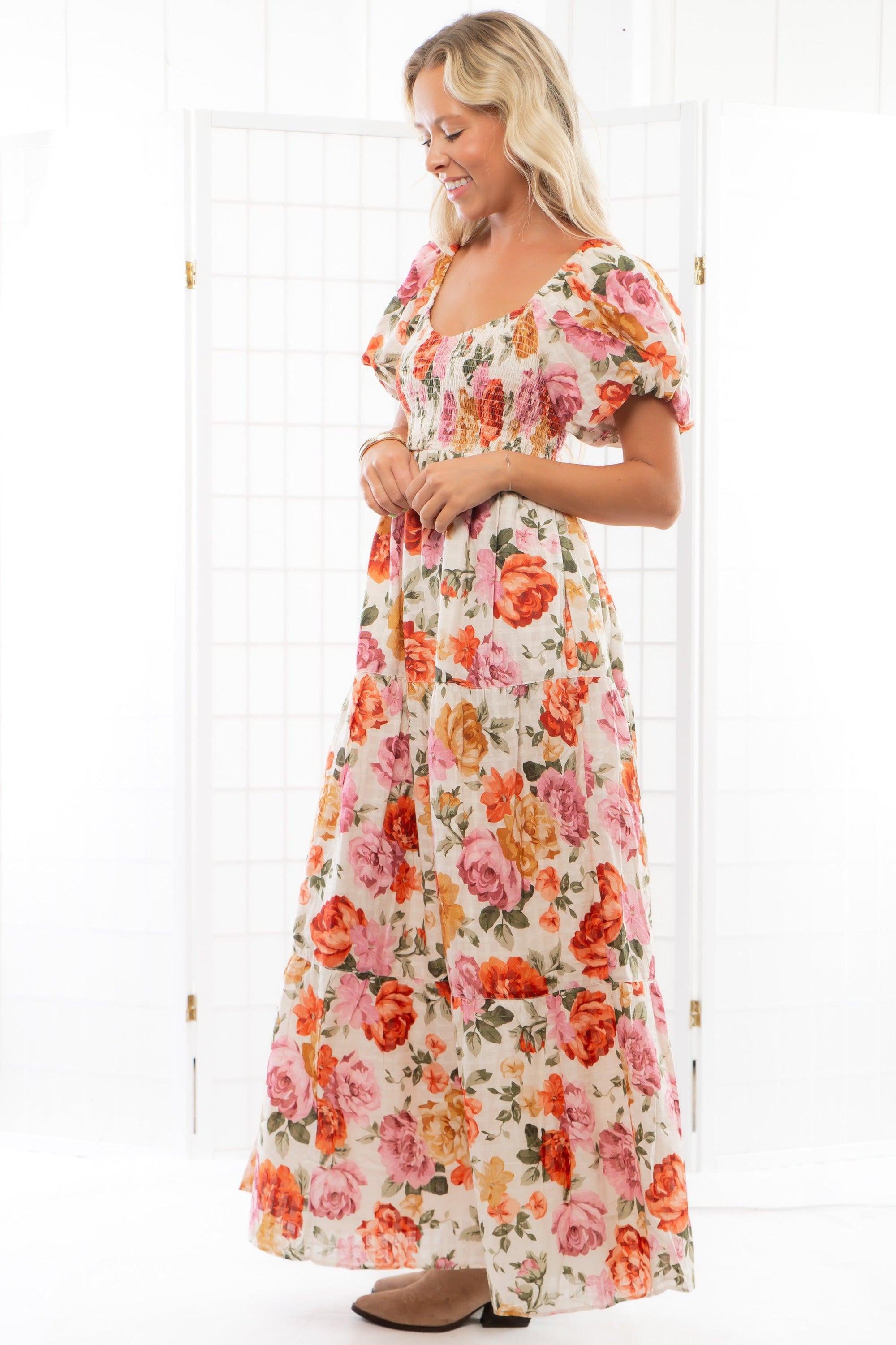 Show Me Your Mumu Ivory Hillside Floral Joanna Midi Dress-Dresses-Show Me Your Mumu-L. Mae Boutique &amp; Wild Mabel Clothing