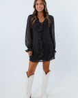 Flowy black polka dot mini dress with sheer sleeves for fall, Lightweight long sleeve fall dress with playful ruffle detail