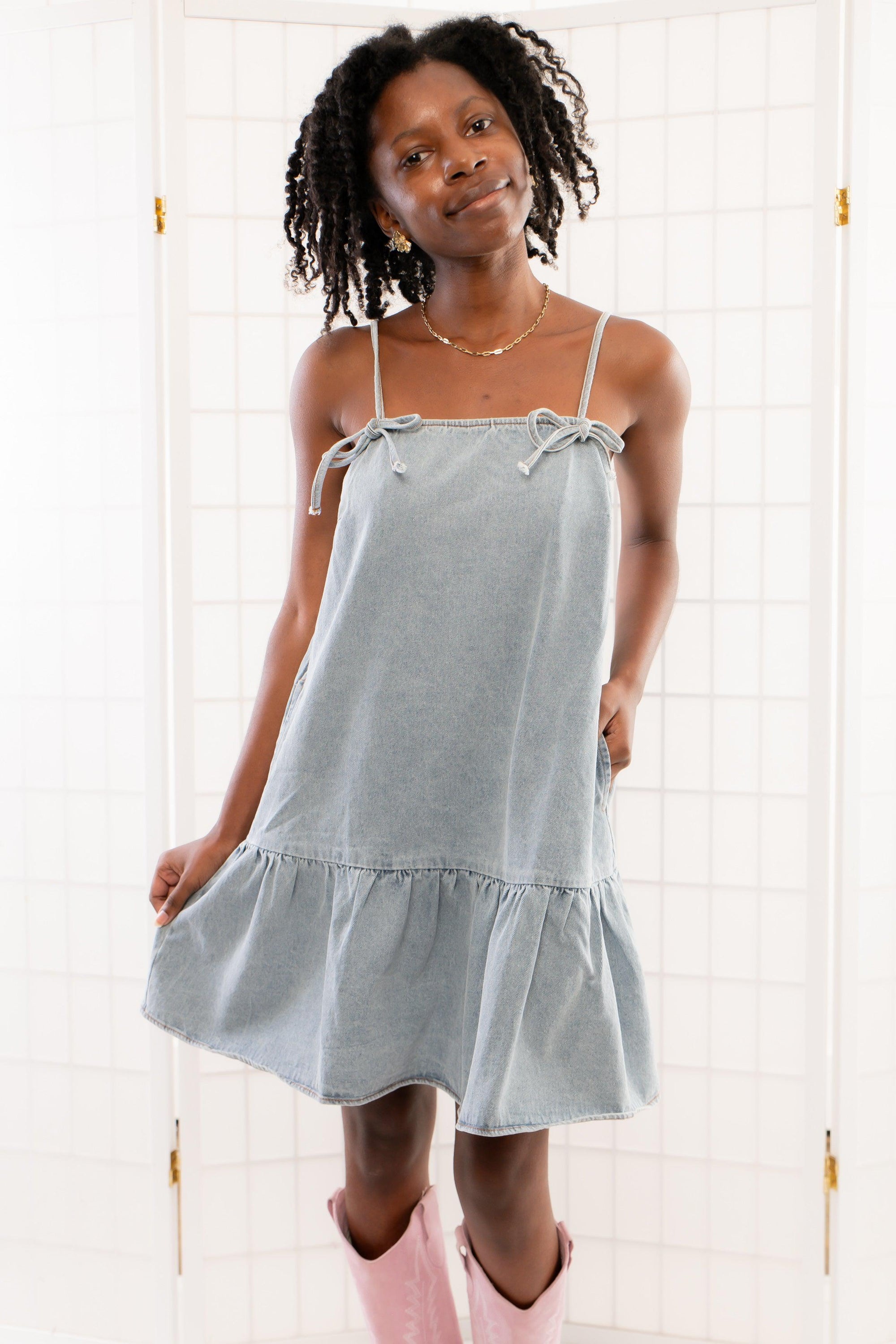 Skylar Denim Bow Mini Dress-Dresses-Le Lis-L. Mae Boutique &amp; Wild Mabel Clothing