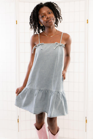 Skylar Denim Bow Mini Dress-Dresses-Le Lis-L. Mae Boutique & Wild Mabel Clothing