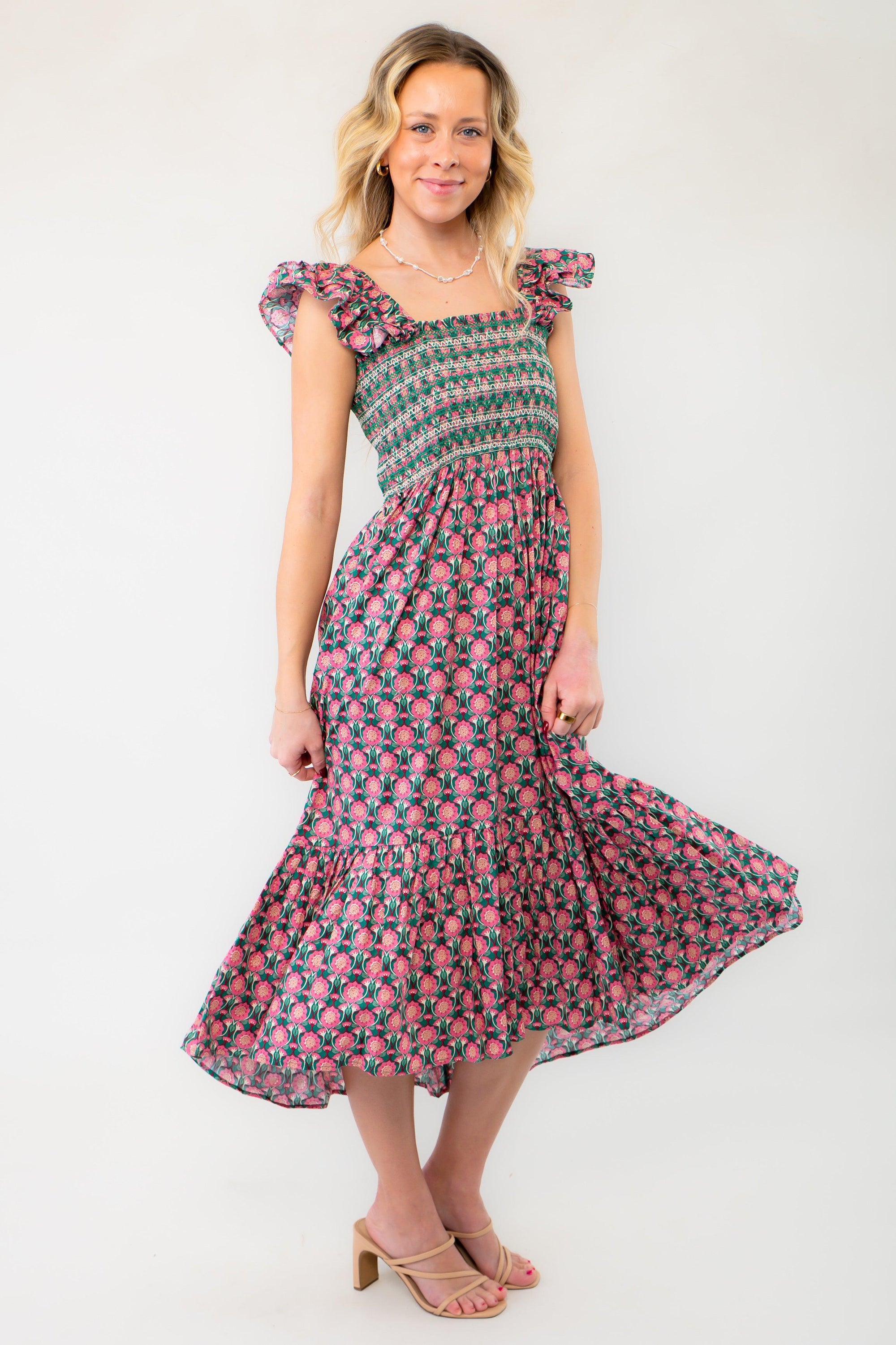 Skylar Pink & Green Smocked Ruffle Sleeve Midi Dress-Dresses-WishList-L. Mae Boutique & Wild Mabel Clothing