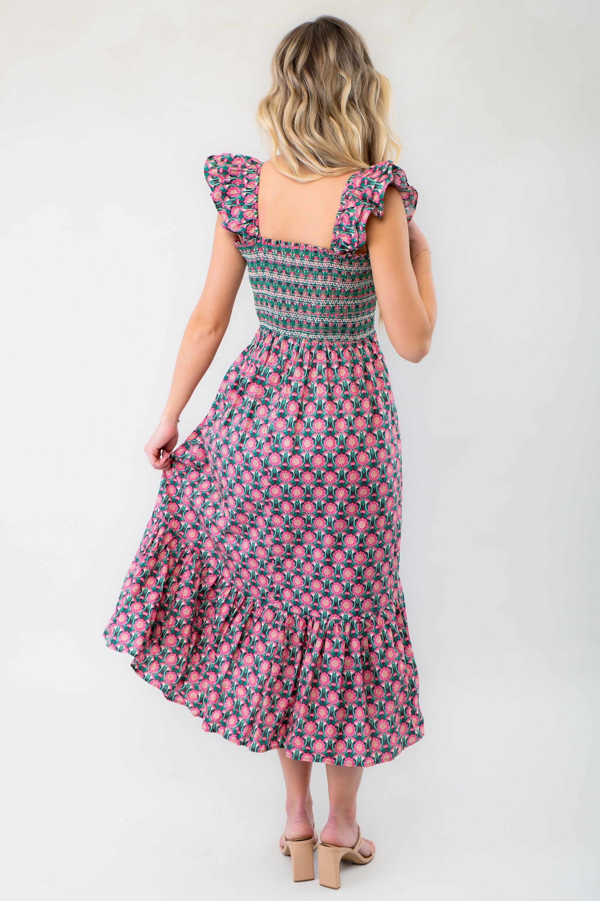 Skylar Pink &amp; Green Smocked Ruffle Sleeve Midi Dress-Dresses-WishList-L. Mae Boutique &amp; Wild Mabel Clothing