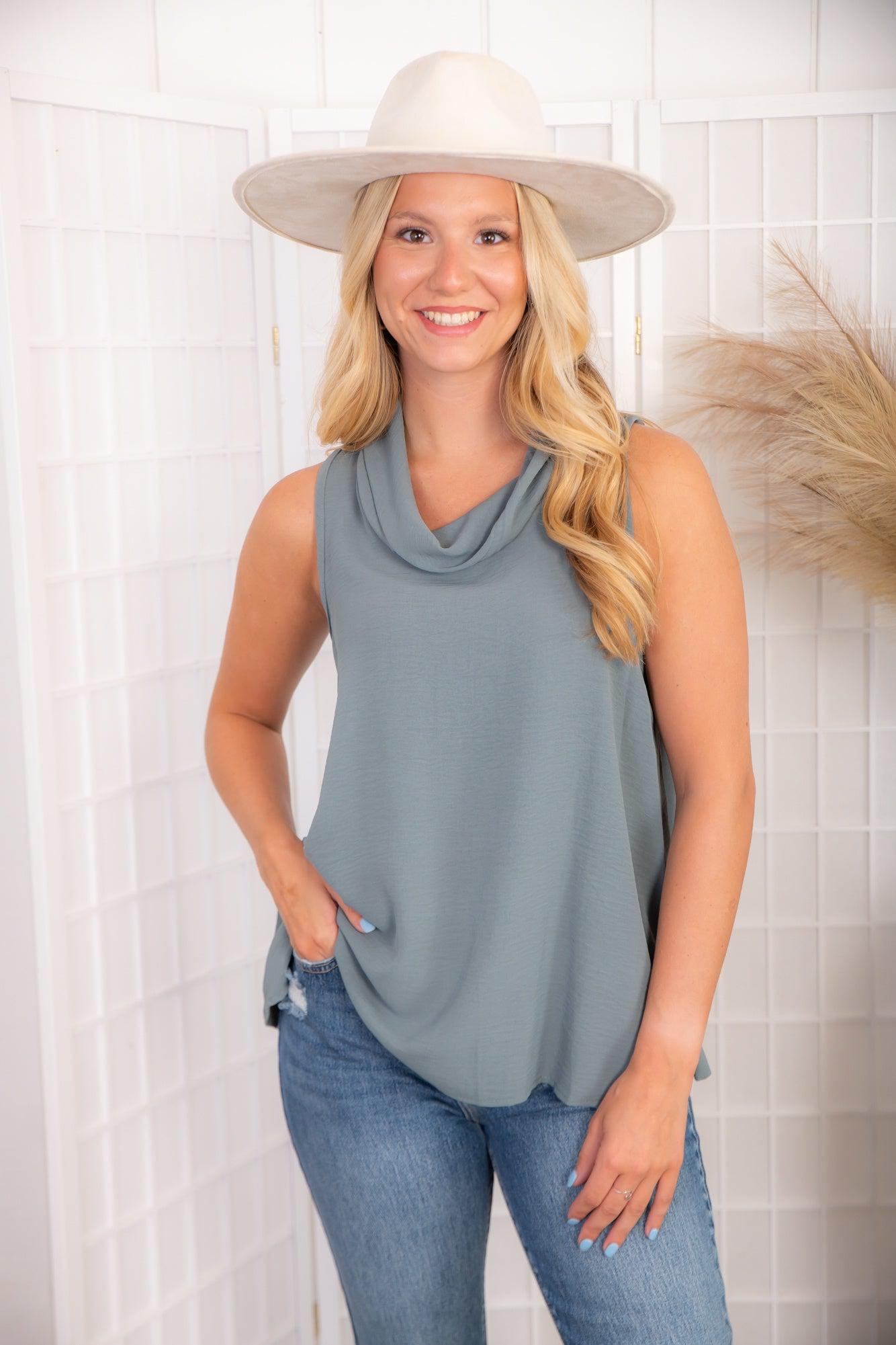 Slate Grey Cowl Neck Sleeveless Tank Top.-Tops-Tres Bien-L. Mae Boutique & Wild Mabel Clothing