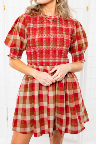 Smocked Holiday Plaid Red Mini Dress-Dresses-Aureum-L. Mae Boutique & Wild Mabel Clothing