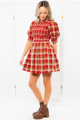 Smocked Holiday Plaid Red Mini Dress-Dresses-Aureum-L. Mae Boutique & Wild Mabel Clothing