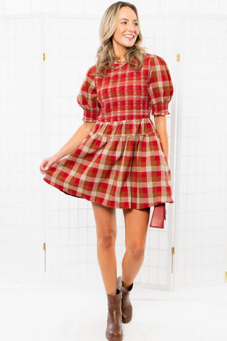 Smocked Holiday Plaid Red Mini Dress-Dresses-Aureum-L. Mae Boutique & Wild Mabel Clothing