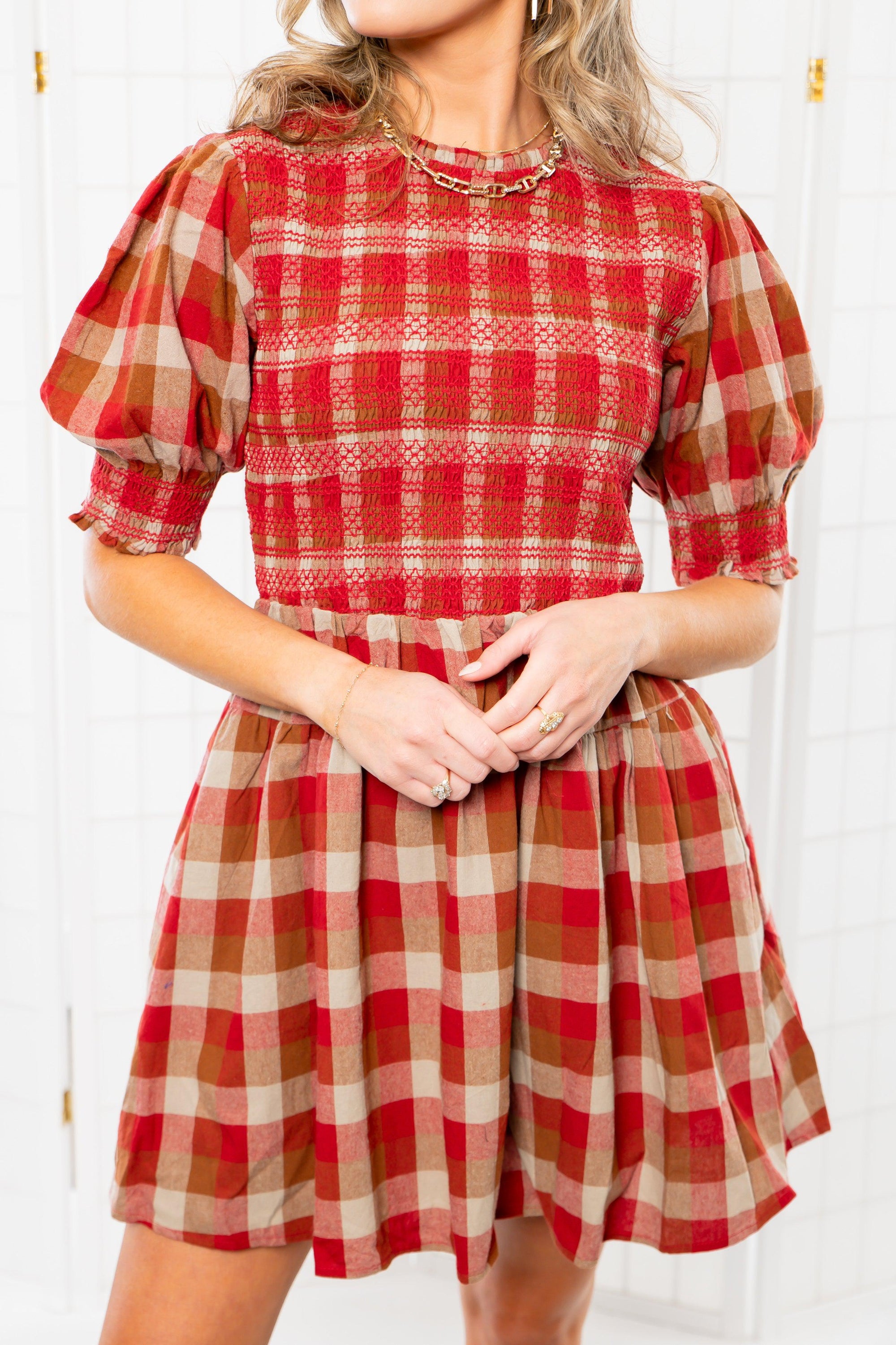 Smocked Plaid Red Mini Dress-Dresses-Aureum-L. Mae Boutique & Wild Mabel Clothing