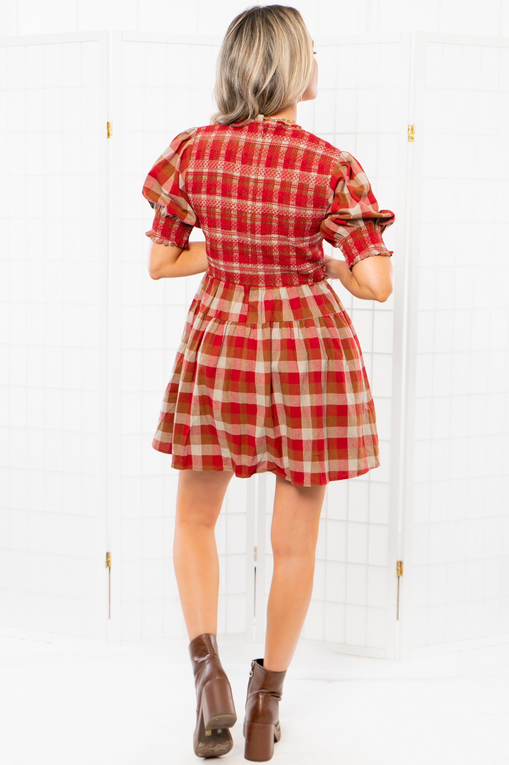 Smocked Plaid Red Mini Dress-Dresses-Aureum-L. Mae Boutique & Wild Mabel Clothing