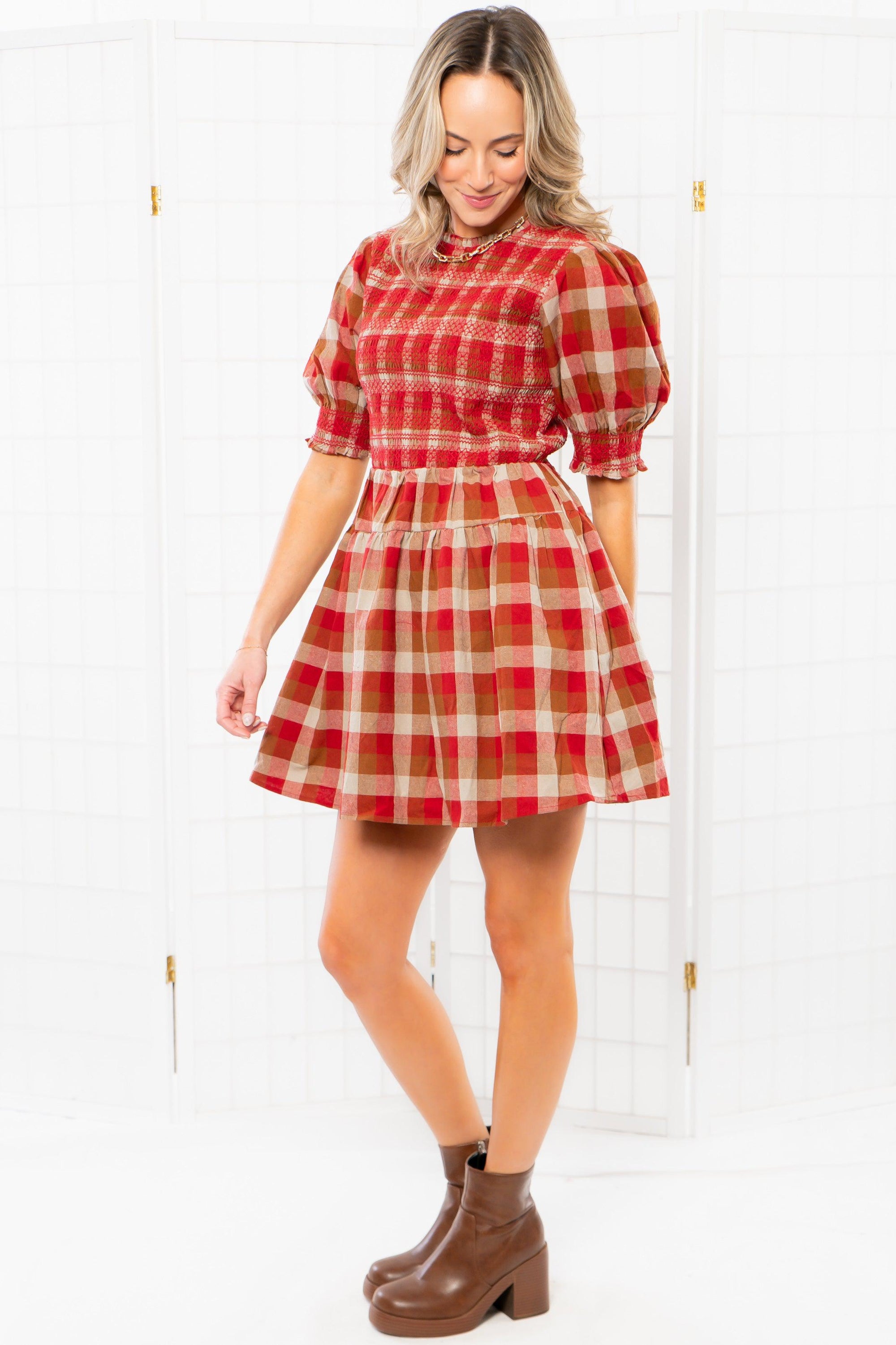 Smocked Plaid Red Mini Dress-Dresses-Aureum-L. Mae Boutique &amp; Wild Mabel Clothing